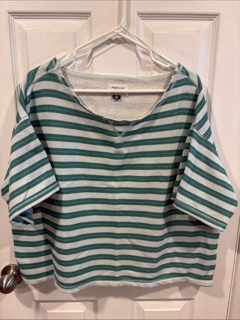 American Eagle Outfitters Green & White Striped Short Sleeve Sweatshirt Size L